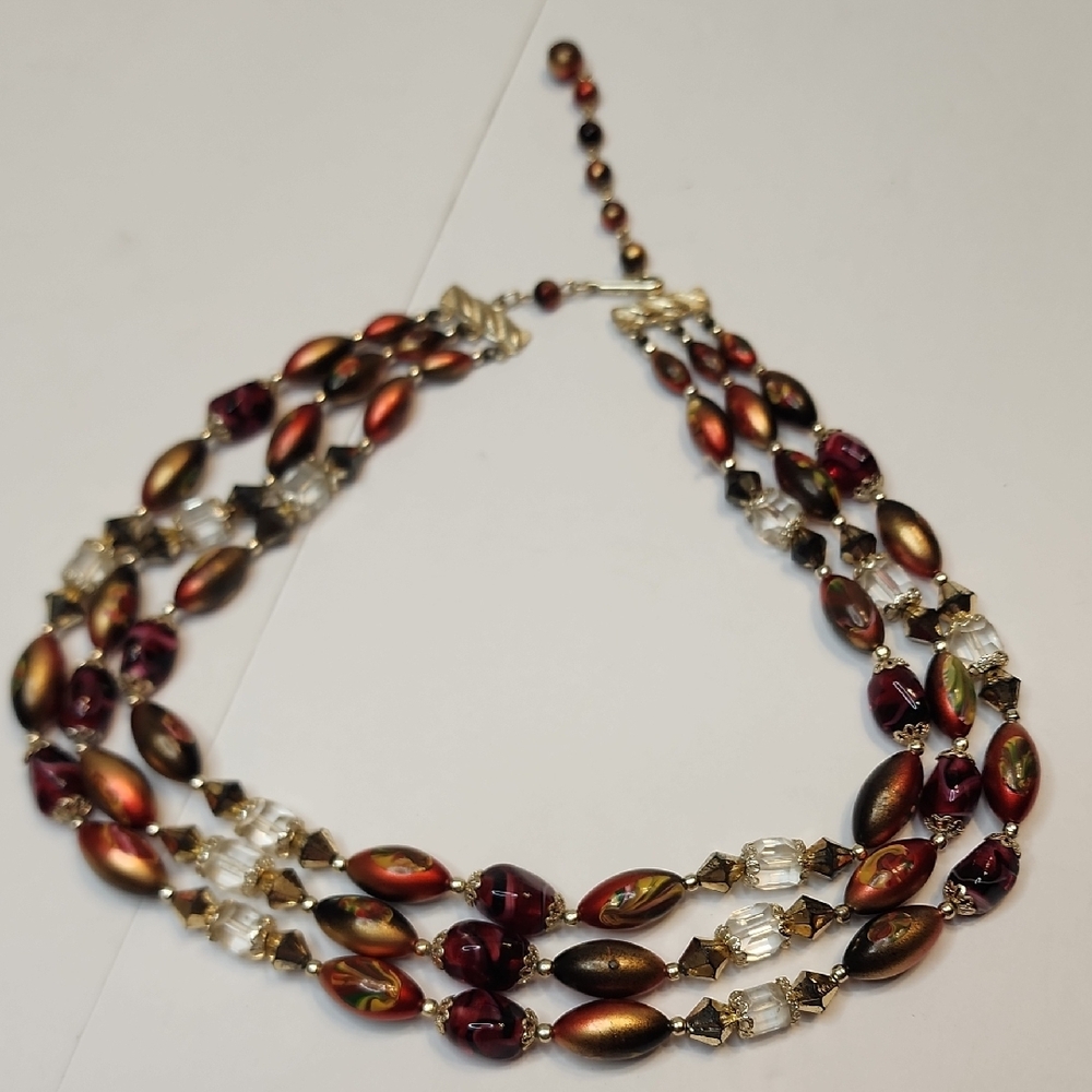 Multistrand Vintage Style Red-Gold Glass Bead Necklace - Women Jewelry